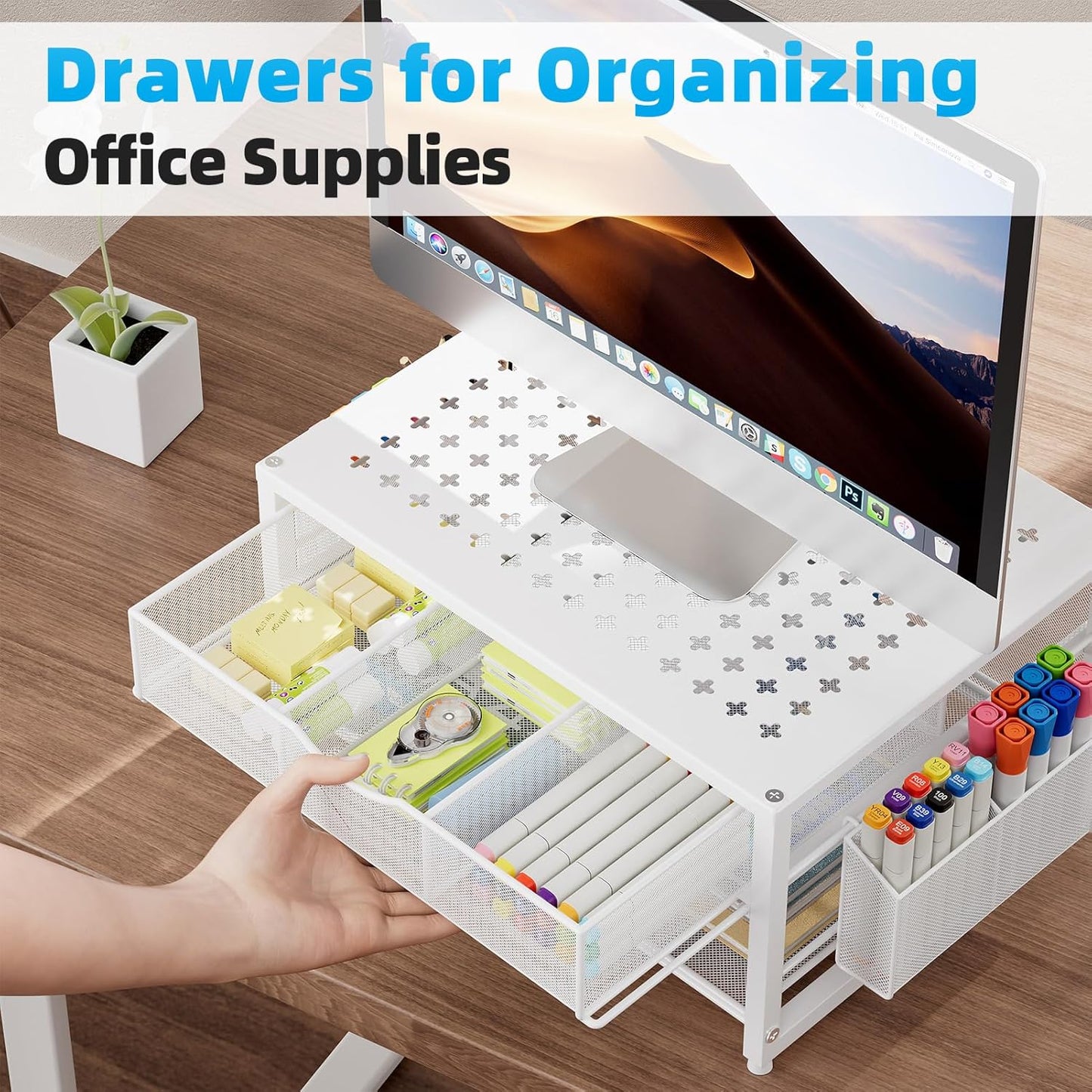 Marbrasse Metal Printer Stand for Desk with Storage Drawer and 2 Pen Holders, 2-Tier Desktop Organizer Printer Table for Home Office, Multi-Purpose Desk Organizer for Fax Machine Scanner Files(Black)