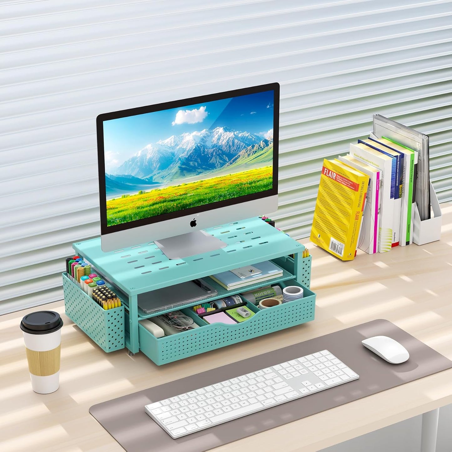 gianotter Wood Monitor Stand Riser, Office Desk Shelf Organizer, Desk Organizer with Drawer and Pen Holder, 2-Tier Computer Stand, Office Organization (Ink)