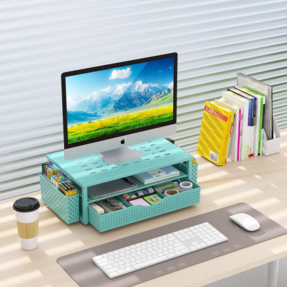 gianotter Wood Monitor Stand Riser, Office Desk Shelf Organizer, Desk Organizer with Drawer and Pen Holder, 2-Tier Computer Stand, Office Organization (Ink)