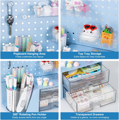 Comix 360° Rotating Pen Holder for Desk, Cute Pencil Holder Pen Organizer, Beige Acrylic Pencil Cup Caddy with 5 Slots for Home School Office Supplies