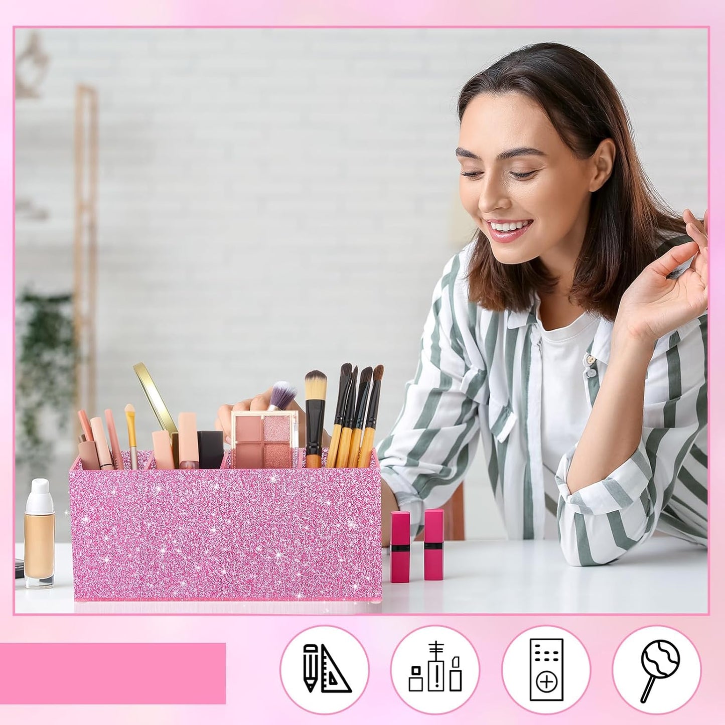 Jetec Acrylic Pen Holder 6 Compartments Makeup Brush Stationery Organizer Pencil Holder for Desk Accessories, Cosmetic Brushes, Dorm, Home, Bathroom, Kitchen, Office Supplies(Neon Pink)