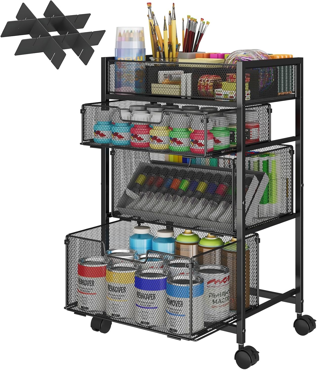 Rolling Utility Cart with 3 Drawers, Craft Organizer and Storage with DIY Divider, Lockable Wheels, Multi-Functional Storage for Art Supplies, Store for Brushes & Paints & Small Parts(Patent Pending)