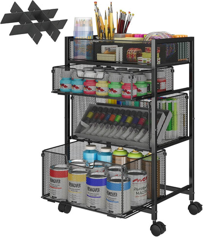 Rolling Utility Cart with 3 Drawers, Craft Organizer and Storage with DIY Divider, Lockable Wheels, Multi-Functional Storage for Art Supplies, Store for Brushes & Paints & Small Parts(Patent Pending)