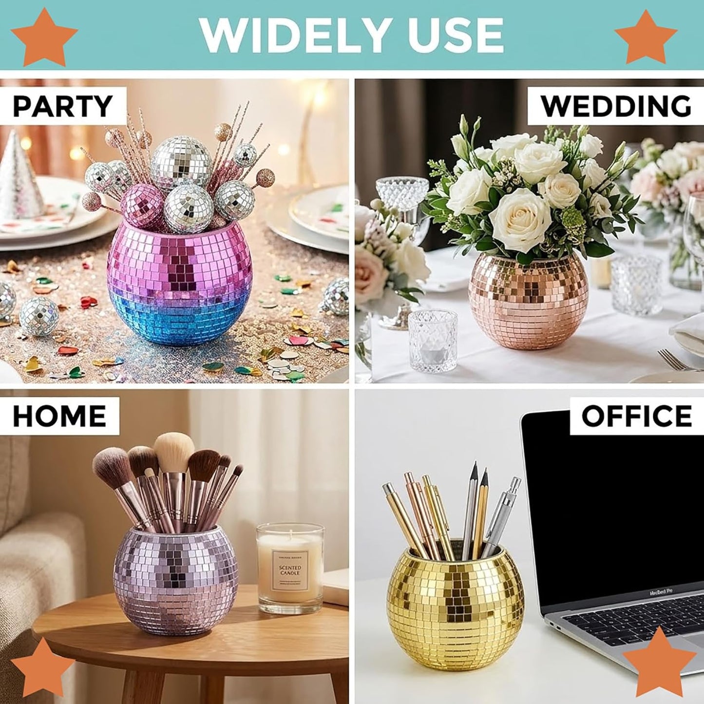 Disco Ball Makeup Brush Holder & Pen Cup - Fun Desk Accessories for Office, Cute Aesthetic Room Decor, 4.7 inch Unique gift vase for Her (rosegold)
