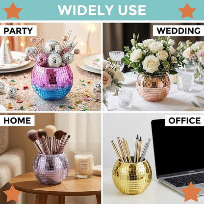 Disco Ball Makeup Brush Holder & Pen Cup - Fun Desk Accessories for Office, Cute Aesthetic Room Decor, 4.7 inch Unique gift vase for Her (rosegold)