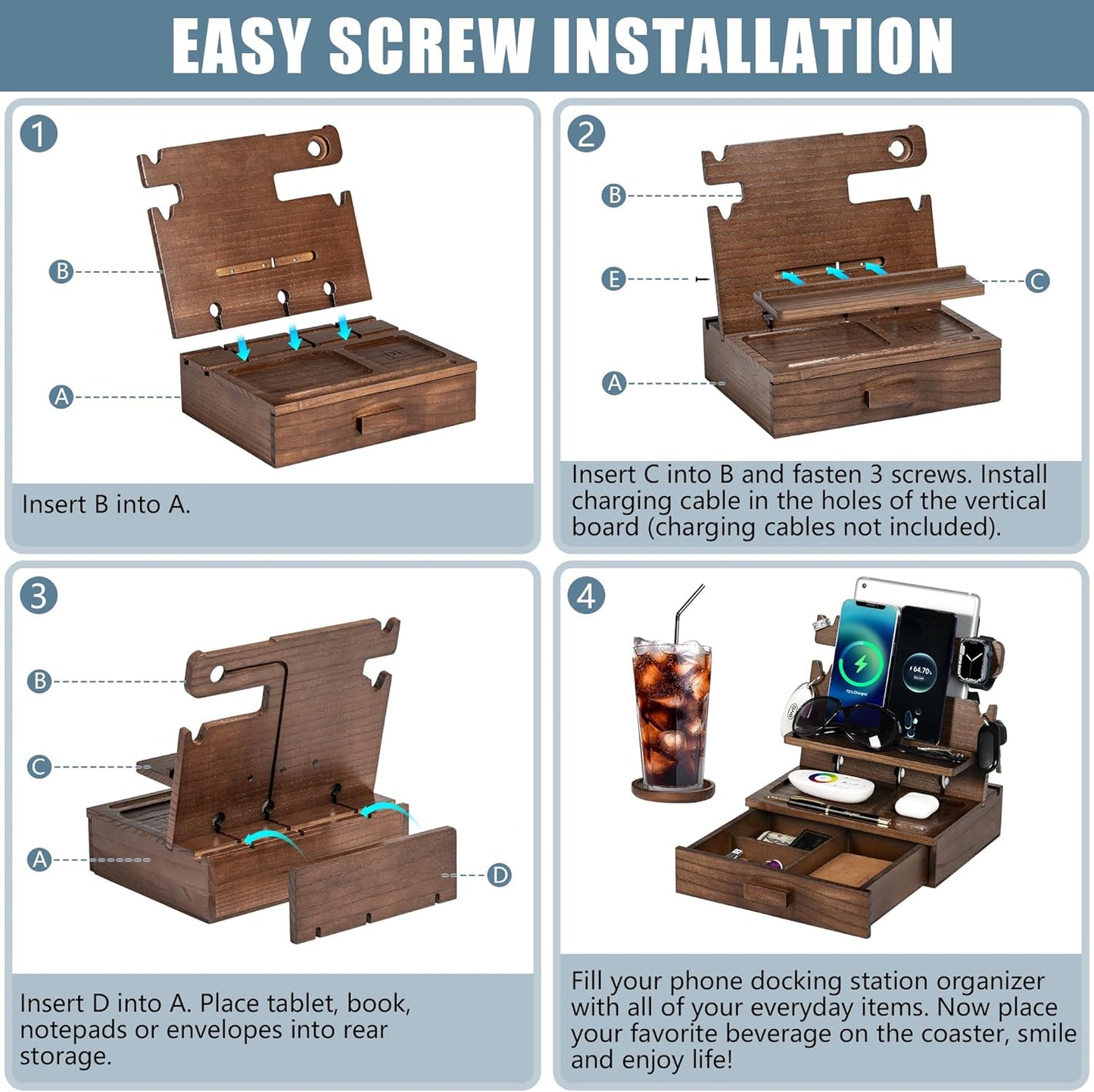 Black Wood Phone Docking Station for up to 3 Phones - Nightstand Organizer with Drawer for Valuables for Men & Women, Compatible With Apple Watch, Holds Phones, Tablets, Keys, Rings, Glasses, EDC