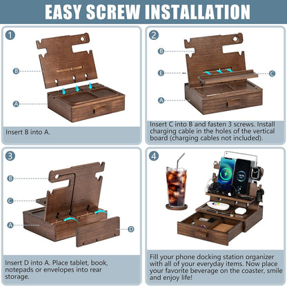 Black Wood Phone Docking Station for up to 3 Phones - Nightstand Organizer with Drawer for Valuables for Men & Women, Compatible With Apple Watch, Holds Phones, Tablets, Keys, Rings, Glasses, EDC