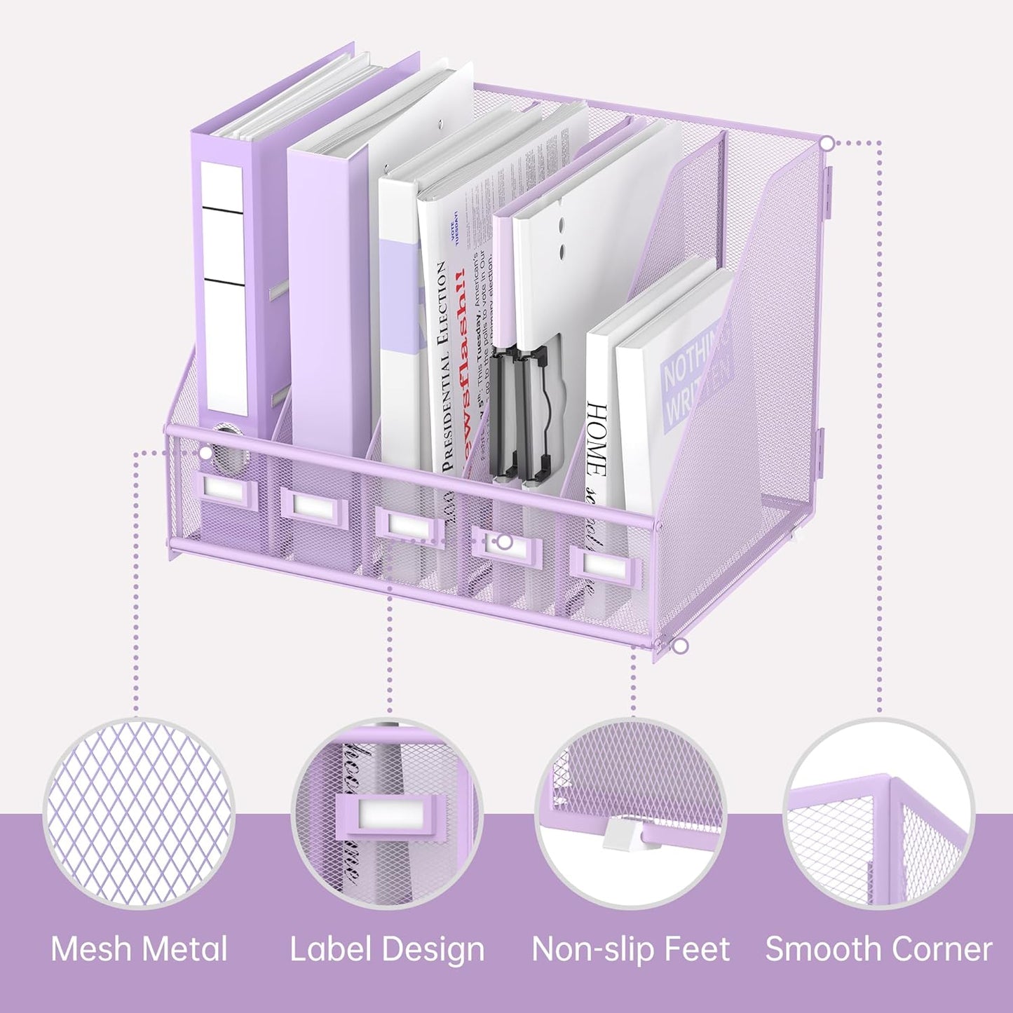 SUPEASY Desk Organizers Metal Desk Magazine File Holder with 5 Vertical Compartments Rack File Organizer for Office Desktop, Classroom, Home Workspace, Black