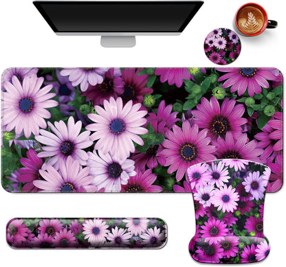 Desk Mat Set + Keyboard and Mouse Pad with Wrist Rest Support,4-in-1 Large Mousepad Computer Mats for Desktop Home & Office-Purple Butterflies