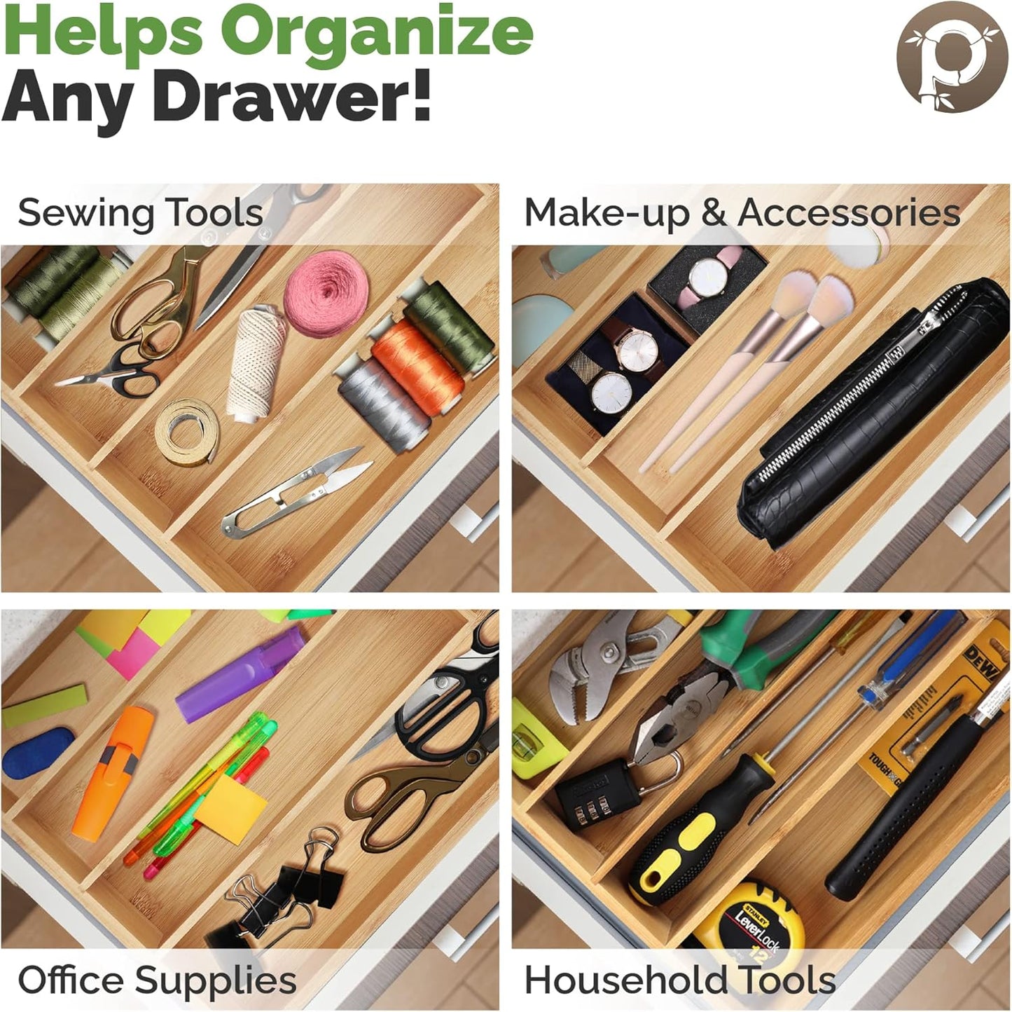 Pristine Bamboo Expandable Drawer Organizers for Kitchen - Extra Deep Non-Slip 17” x 14.6” (expands up to 25 inches) - Dark Wooden Silverware Divider (10 Compartments) – Organize Cooking Utensils