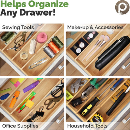 Pristine Bamboo Expandable Drawer Organizers for Kitchen - Extra Deep Non-Slip 17” x 14.6” (expands up to 25 inches) - Dark Wooden Silverware Divider (10 Compartments) – Organize Cooking Utensils