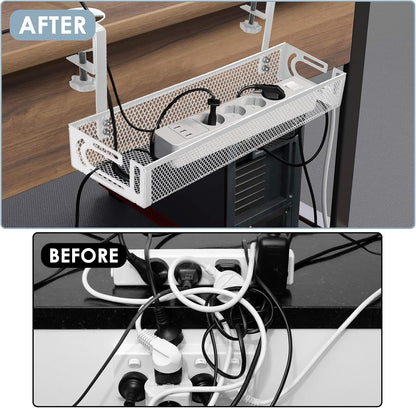 Cable Management, 25'' Cable Management Under Desk No Drill, Metal Cord Organizer with Clamp for Standing Desk, Cable Organizer for Home Office, Black