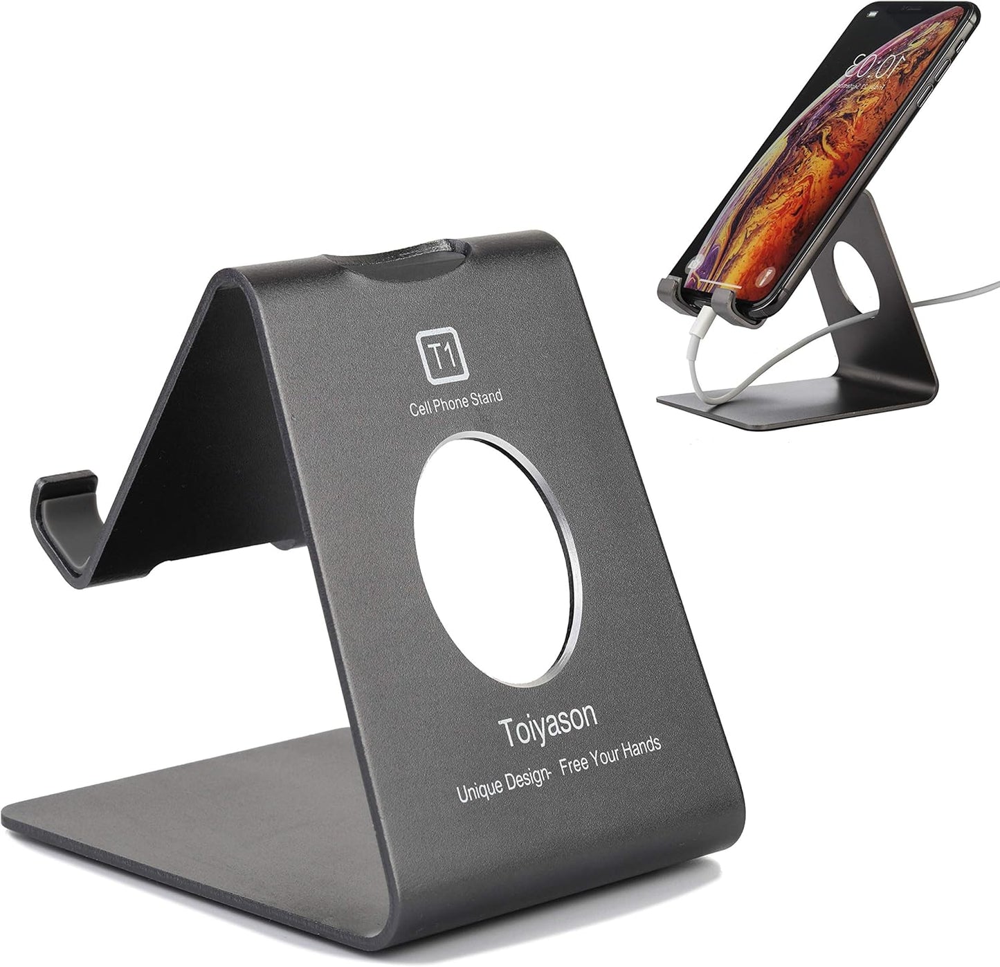 Cell Phone Stand, Desk Phone Holder, Cradle, Dock, Compatible with All 4-8inch Phones, Office Kitchen Traveling Accessories T1 Black