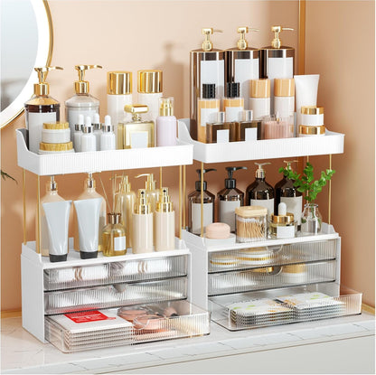StorBin 3 Large Drawers Makeup Organizer - 5 Tier Bathroom Counter Organizers and Storage, Versatile Perfume Vanity Organizer, Ideal for Cosmetic, Large Skincare, Face Mask, Office Supplies, Amber