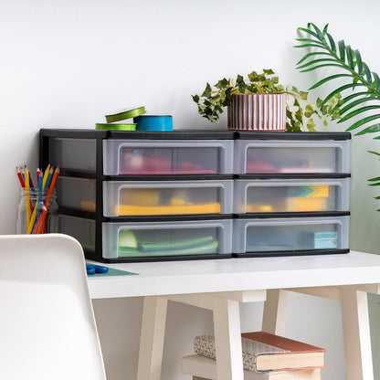 IRIS USA Plastic Stacking Desk Top 3-Drawer Storage Organizer, 2-Pack, for Makeup Vanity Nail Polish Bathroom Stationery Art Craft Supplies Kitchen Office Garage and Small Organization, Small, Black