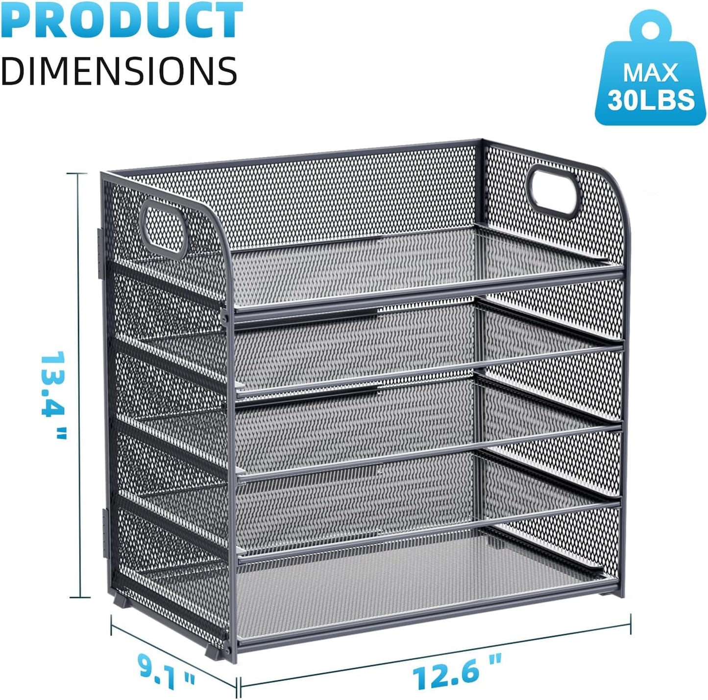 Marbrasse 5-Tier Letter Tray Paper Organizer with Handle, Multi-Functional Mesh File Organizer for Desk, Adjustable Compartments Mesh Desktop Storage for Office Supplies,Black