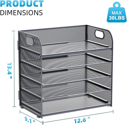 Marbrasse 5-Tier Letter Tray Paper Organizer with Handle, Multi-Functional Mesh File Organizer for Desk, Adjustable Compartments Mesh Desktop Storage for Office Supplies,Black