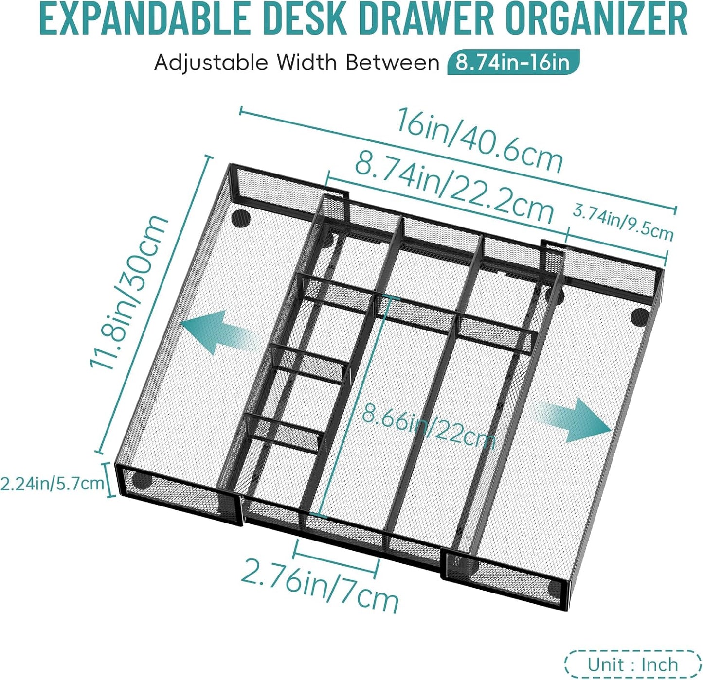 Expandable Desk Drawer Organizer Tray with 10 Adjustable Compartments, Metal Mesh Office Drawer Organizer, Versatile Desk Organizer for Home, School Supplies, Makeup Vanity & Jewelry (Black)