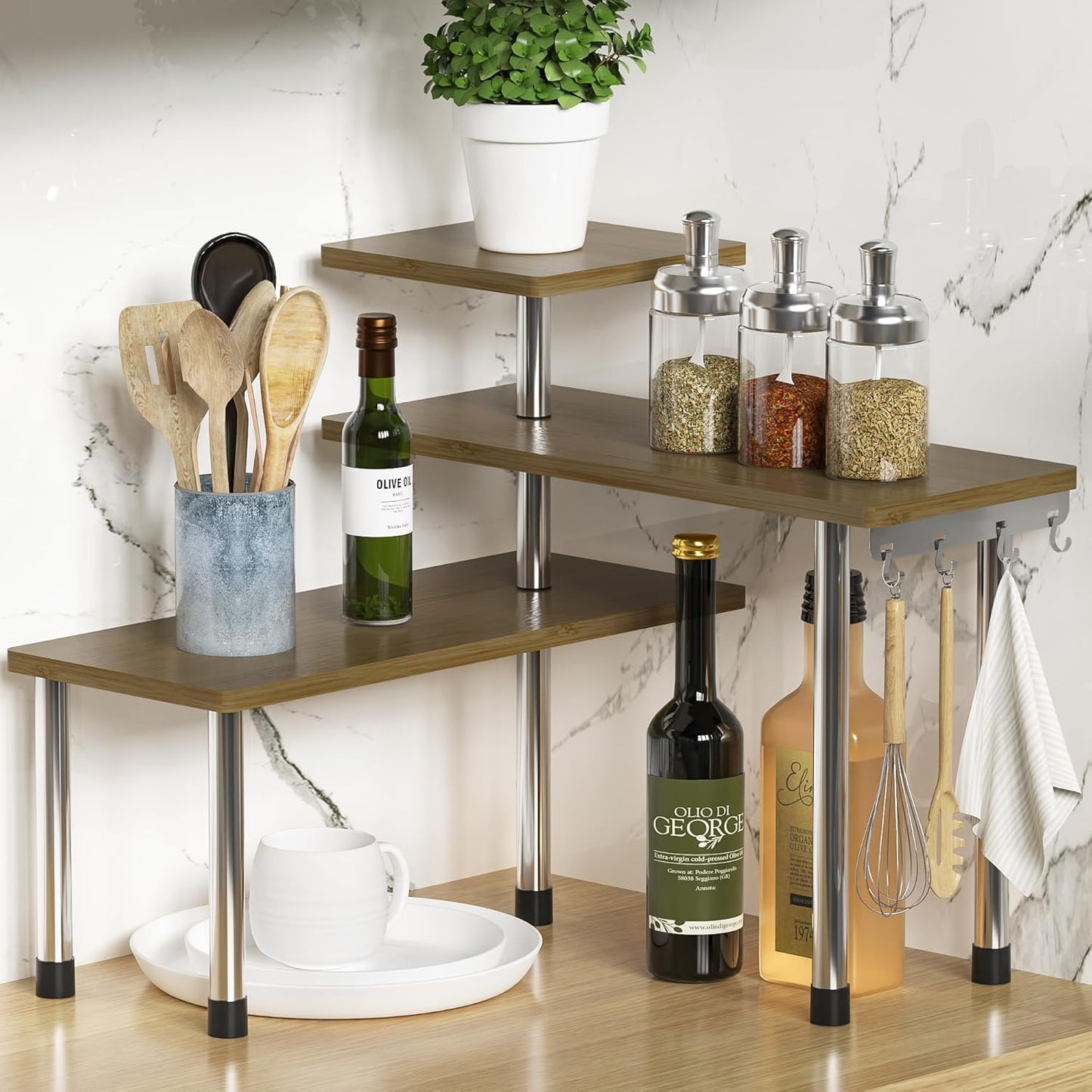 ZHWS Kitchen Countertop Organizer Spice Rack for Salt, Bathroom Counter Organizer Over Sink for Makeup, Skincare, Adjustable 3-Tier Corner Counter Shelf with 4 Hooks for Coffee Bar Dresser Table