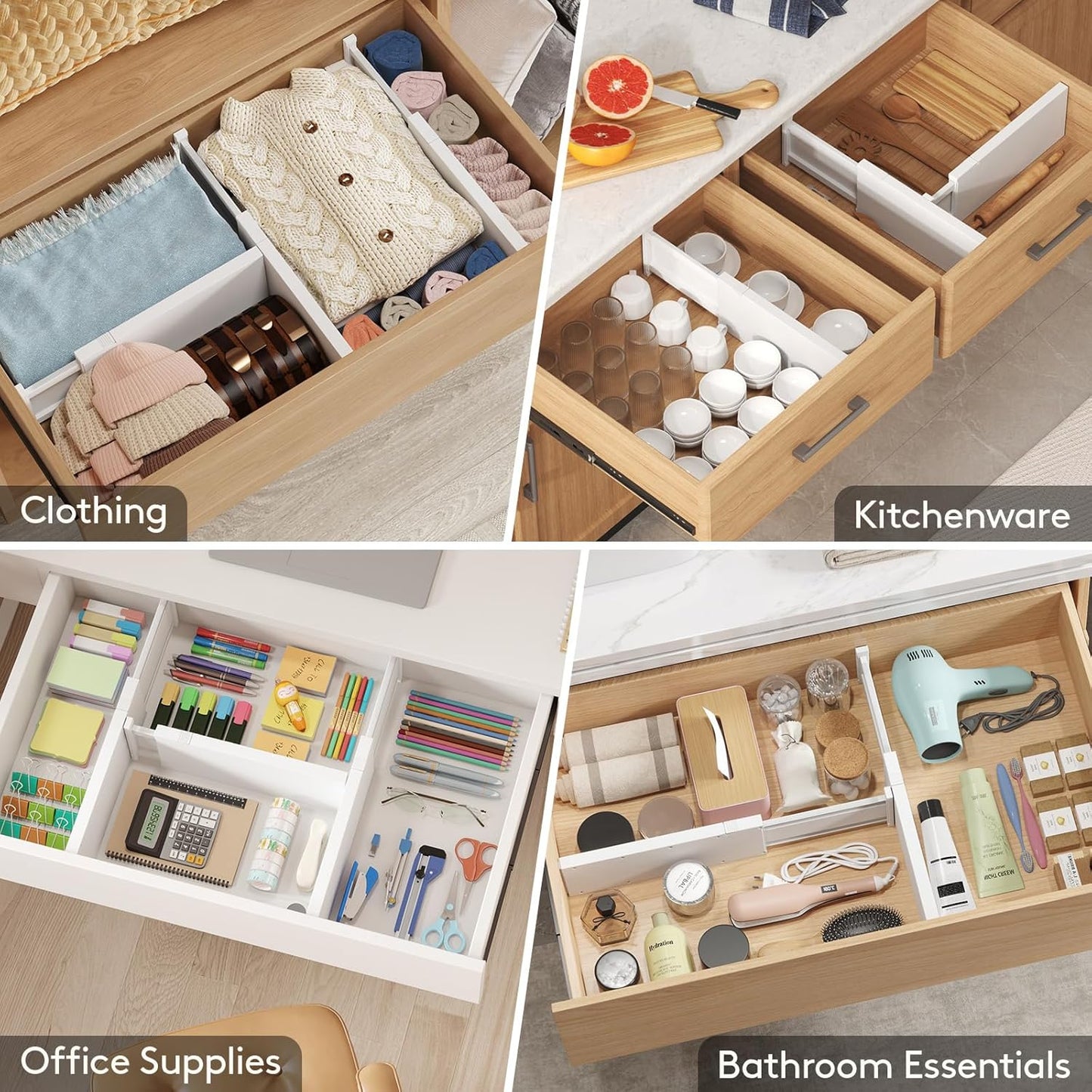 Lifewit 5 Pack 4" High Drawer Dividers 28-43.5cm/11-17" Adjustable Drawer Organizer for Clothes/Utensils, Expandable Drawer Separator in Dresser/Kitchen/Bedroom/Office Organization & Storage White