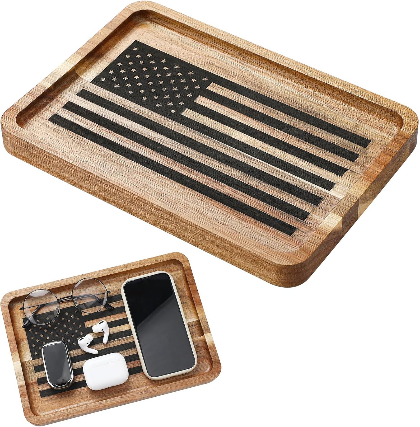 Newtay American Flag Valet Tray for Men Wood Catch All Dump Tray EDC Organizer Every Day Carry Bedside Nightstand Table Entryway Holder for Keys Wallet Watches Phones Jewelry 11 x 7.75 x 1 Inch