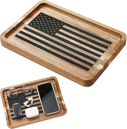 Newtay American Flag Valet Tray for Men Wood Catch All Dump Tray EDC Organizer Every Day Carry Bedside Nightstand Table Entryway Holder for Keys Wallet Watches Phones Jewelry 11 x 7.75 x 1 Inch
