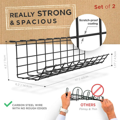 Compact Under Desk Cable Management Tray - Cable Organizer for Wire Management, Desk Wire Organizer, Cable Tray - Black Set of 2x12