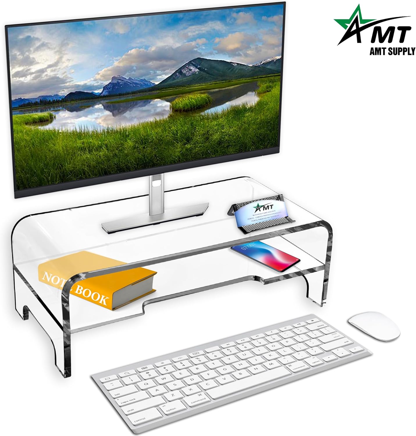 AMT Acrylic Laptop Monitor Stand & Computer Riser with Cat Keyboard Protector, Space-Saving Design, Extra Storage, Clear Shelf - Ideal for Monitors, Laptops, Printers, Desktop Decor