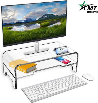 AMT Acrylic Laptop Monitor Stand & Computer Riser with Cat Keyboard Protector, Space-Saving Design, Extra Storage, Clear Shelf - Ideal for Monitors, Laptops, Printers, Desktop Decor