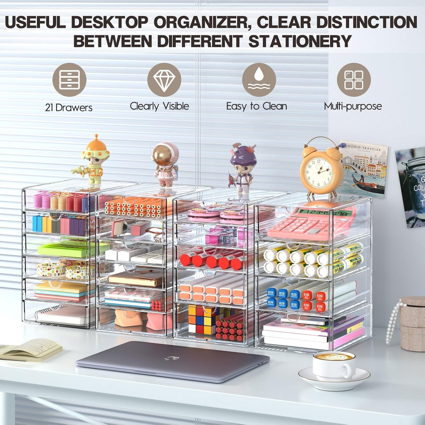 AMALEKO Acrylic Drawer Organizers - 21 Drawers 4 Set - Clear Storage Drawers for Office Supplies - Stackable Makeup Organizer - Dustproof Desk Organizers for Makeup, Jewelry, Pen, Stationary