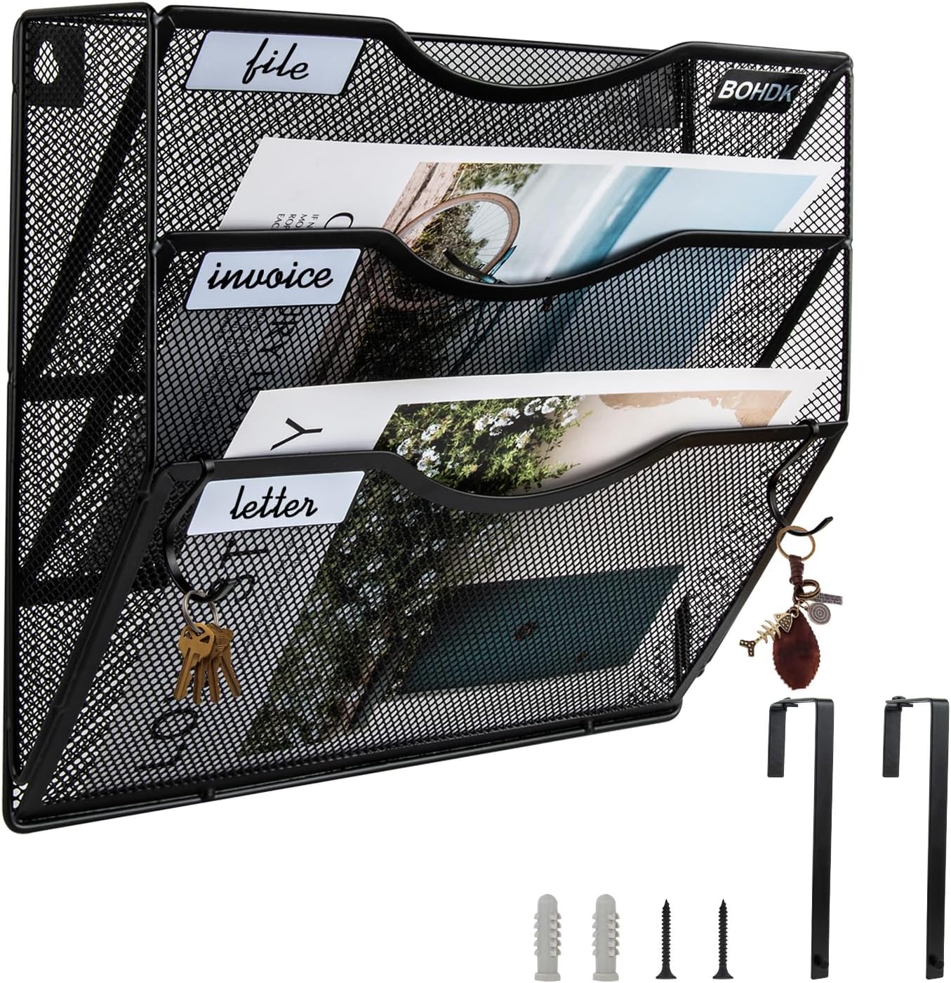 BOHDK Wall File Organizer, 6 Tier Hanging File Folder Mail Organizer, Vertical Mesh Metal Wall Mount Hanging File Holder, Paper Document Magazine Rack for Home Office Black