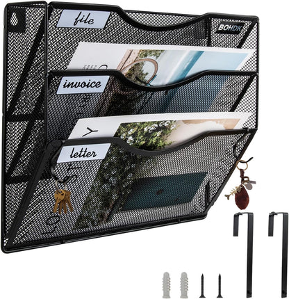 BOHDK Wall File Organizer, 6 Tier Hanging File Folder Mail Organizer, Vertical Mesh Metal Wall Mount Hanging File Holder, Paper Document Magazine Rack for Home Office Black