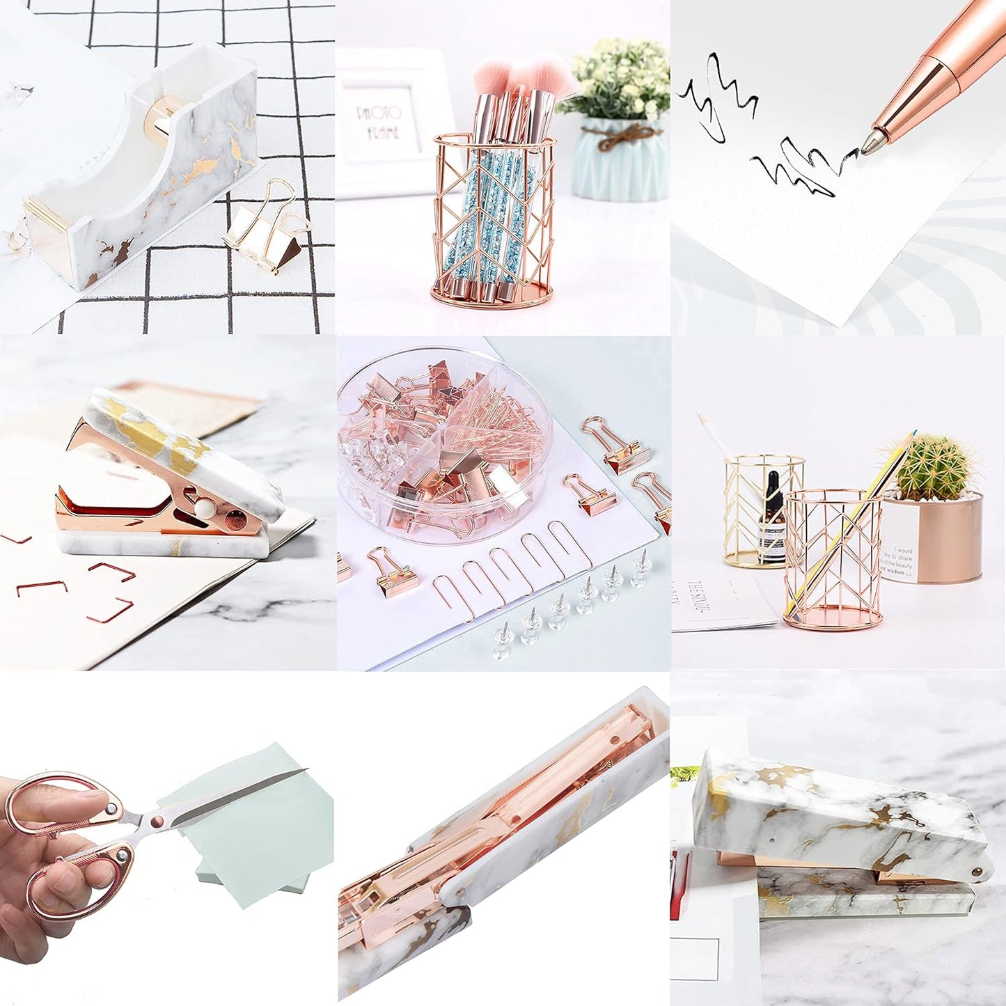 Famassi Rose Gold Desk Accessories，Office Supplies Set Acrylic Stapler Set Staple Remover, Tape Holder, 2 Ballpoint Pen, Scissor, Binder/Paper Clips and 1000pcs Staples.