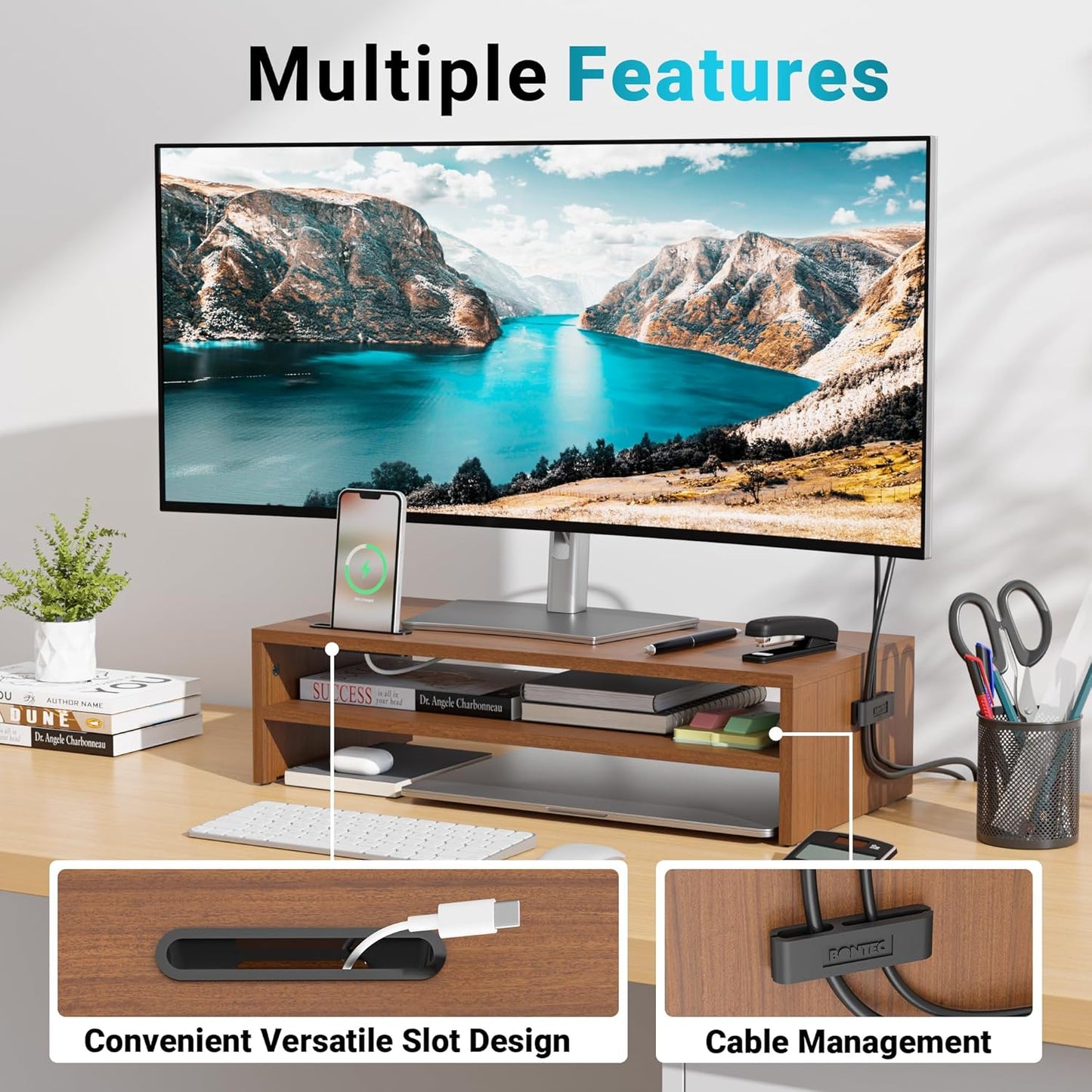 BONTEC Wooden Monitor Stand Riser, 2-Tier Desk Shelf with Storage Organizer, Ergonomic Computer Stand with Cable Management, Cellphone Holder, White, 16.5 Inch