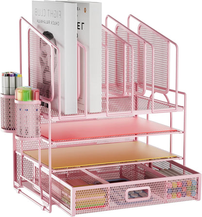 Marbrasse Desk Organizer with Drawer, 4-Tier Mesh File Organizer with 5 Vertical File Holders and 2 Pen Holders, Multifunction Desktop Organizer,Desk Organizers and Accessories for Home Office