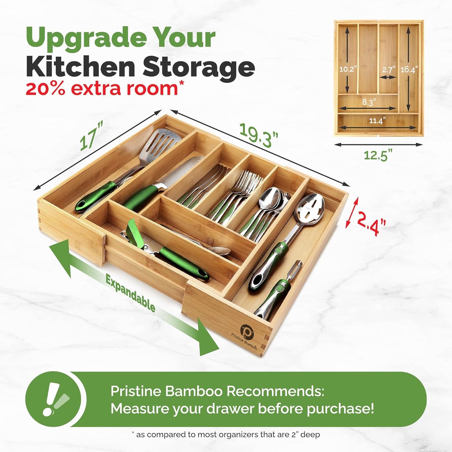 Pristine Bamboo Expandable Drawer Organizers for Kitchen - Extra Deep Non-Slip 17” x 14.6” (expands up to 25 inches) - Dark Wooden Silverware Divider (10 Compartments) – Organize Cooking Utensils