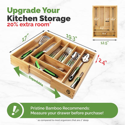 Pristine Bamboo Expandable Drawer Organizers for Kitchen - Extra Deep Non-Slip 17” x 14.6” (expands up to 25 inches) - Dark Wooden Silverware Divider (10 Compartments) – Organize Cooking Utensils