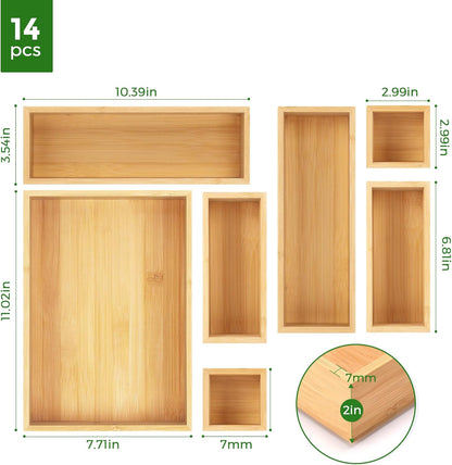 Bamboo Drawer Organizer Set, 5 PCS Multi-Use Individual Wood Storage Organizers, Junk Drawer Divider and Storage Trays Containers for Kitchen, Bathroom, Office Desk, Makeup, Jewelry, Utensils