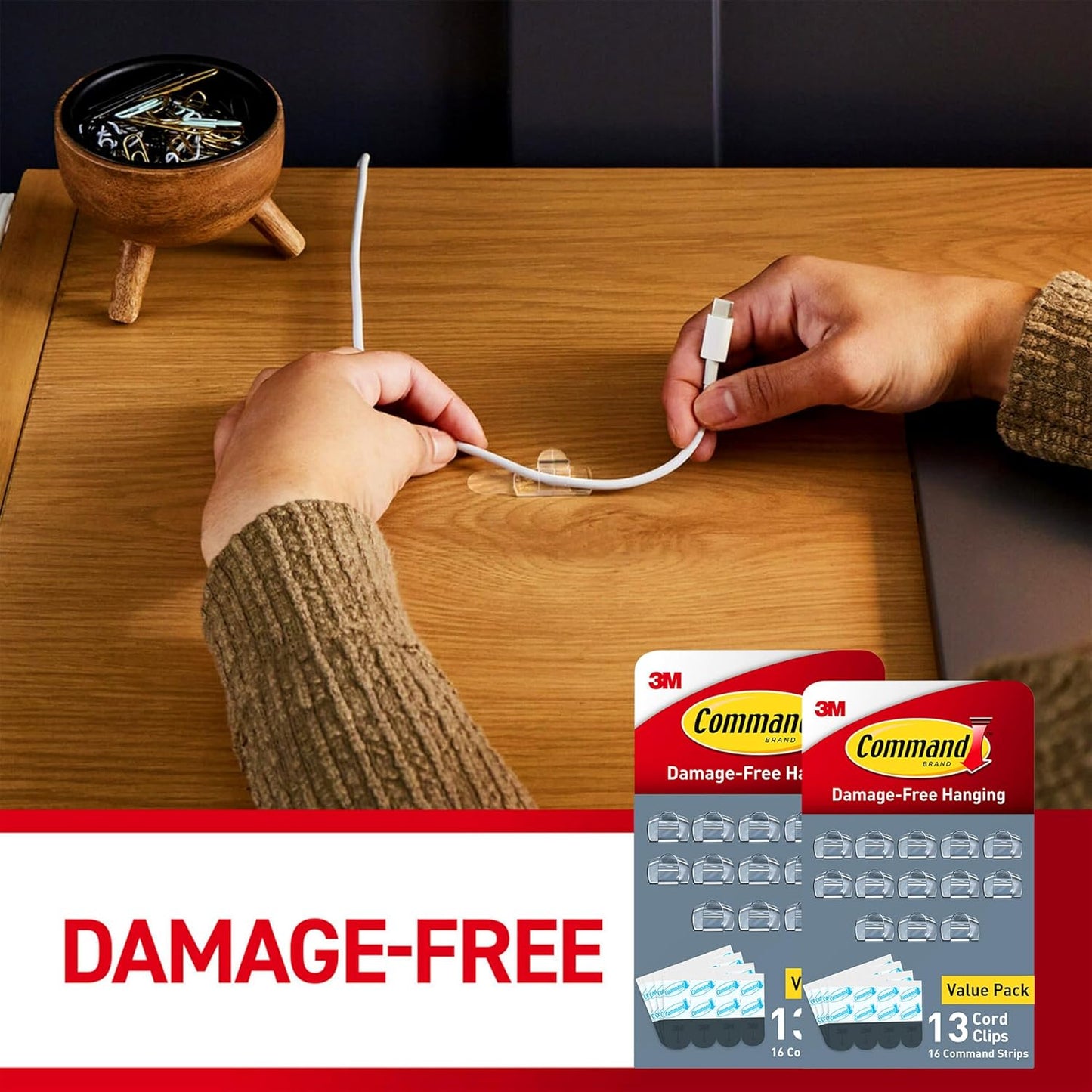 Command Round Cord Clips, Damage-Free Hanging Cable Clips, No Tools Wall Clips for Hanging Electrical Cables of Christmas Decorations, 13 Clear Cord Clips and 16 Command Strips