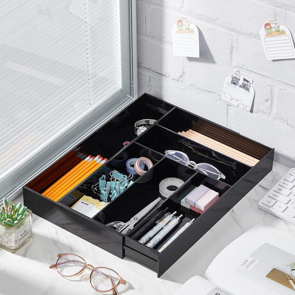 Briwooody 1 Pcs Acrylic Desk Drawer Organizer 9'' up to 16'' x 12'' x 2.2'' Expandable Drawer Organizer Trays with 10 Adjustable Compartments Clear Desk Accessories for Makeup Office Bathroom