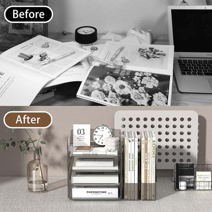 FANXIYQ 4-Tier Horizontal Acrylic Paper Tray Organizer with Bookends | Clear Stackable Desk Organizer for Documents, Letters, A4 Paper | Modern Office/Classroom/Home Organization