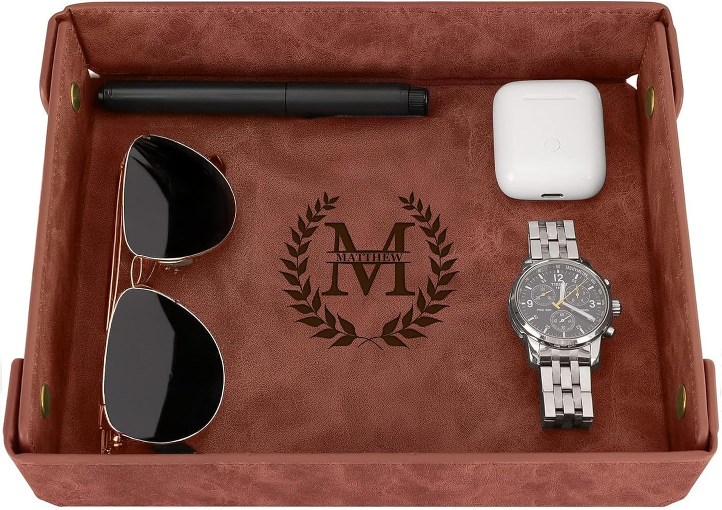 Engraved Leather Valet Tray for Men – Personalized Catchall with Custom Name for Desk, Dresser, Nightstand – Men's Organizer Tray for Keys, Wallet, Jewelry, Personalized Gift for Home, Office - Coffee