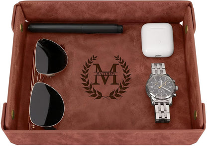 Engraved Leather Valet Tray for Men – Personalized Catchall with Custom Name for Desk, Dresser, Nightstand – Men's Organizer Tray for Keys, Wallet, Jewelry, Personalized Gift for Home, Office - Coffee