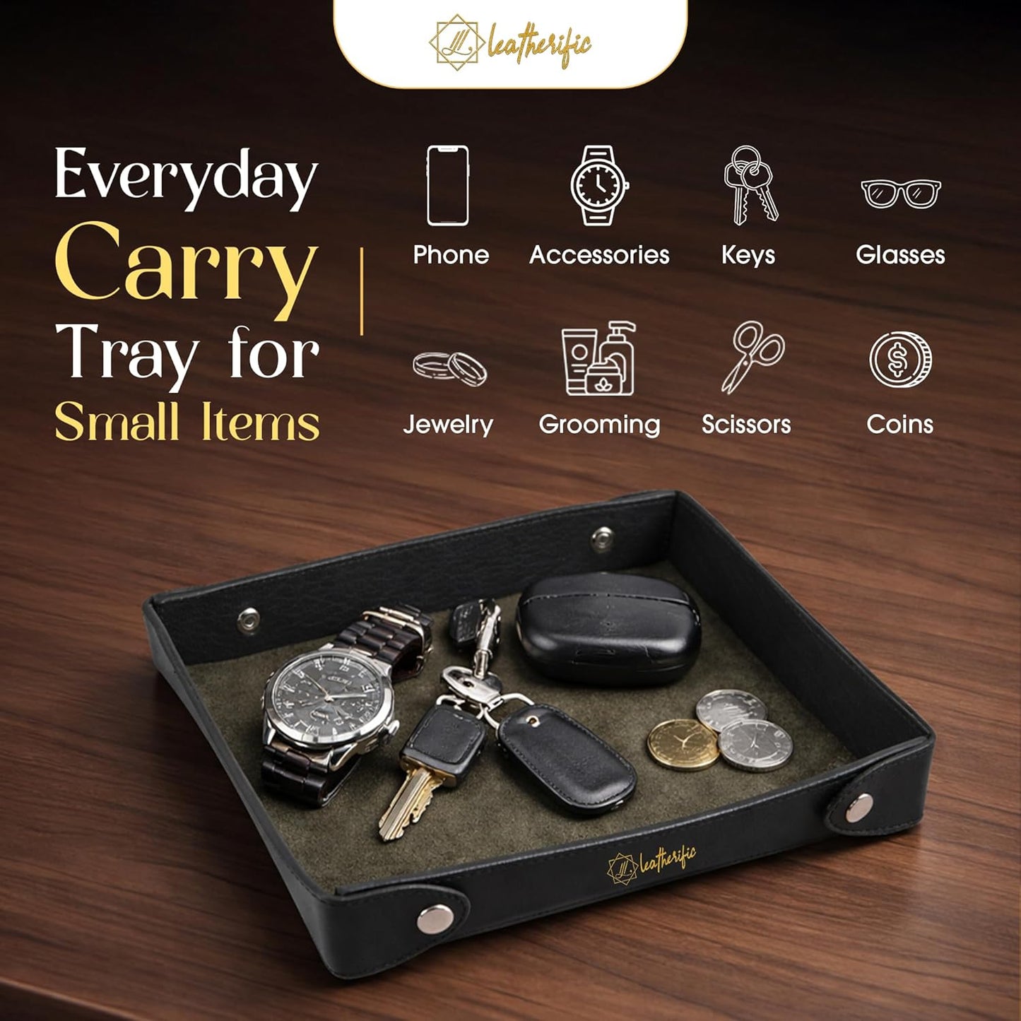 Luxe Genuine Leather Valet Chronicle Tray | Premium Handmade Multipurpose Catchall Tray, Coin Watch Key Trinket Dish for Home Office Desk, Nightstand Entryway (Russet, 11 x 9 x 1.5)
