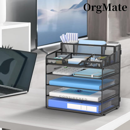 5 Tier Mesh Desk Organizer,Multi Functional Letter Paper Tray with 3 Pen Holders and 5 Adjustable Storage Compartments for Office Supplies Files and Mail Space Saving Desktop Organizer-Black