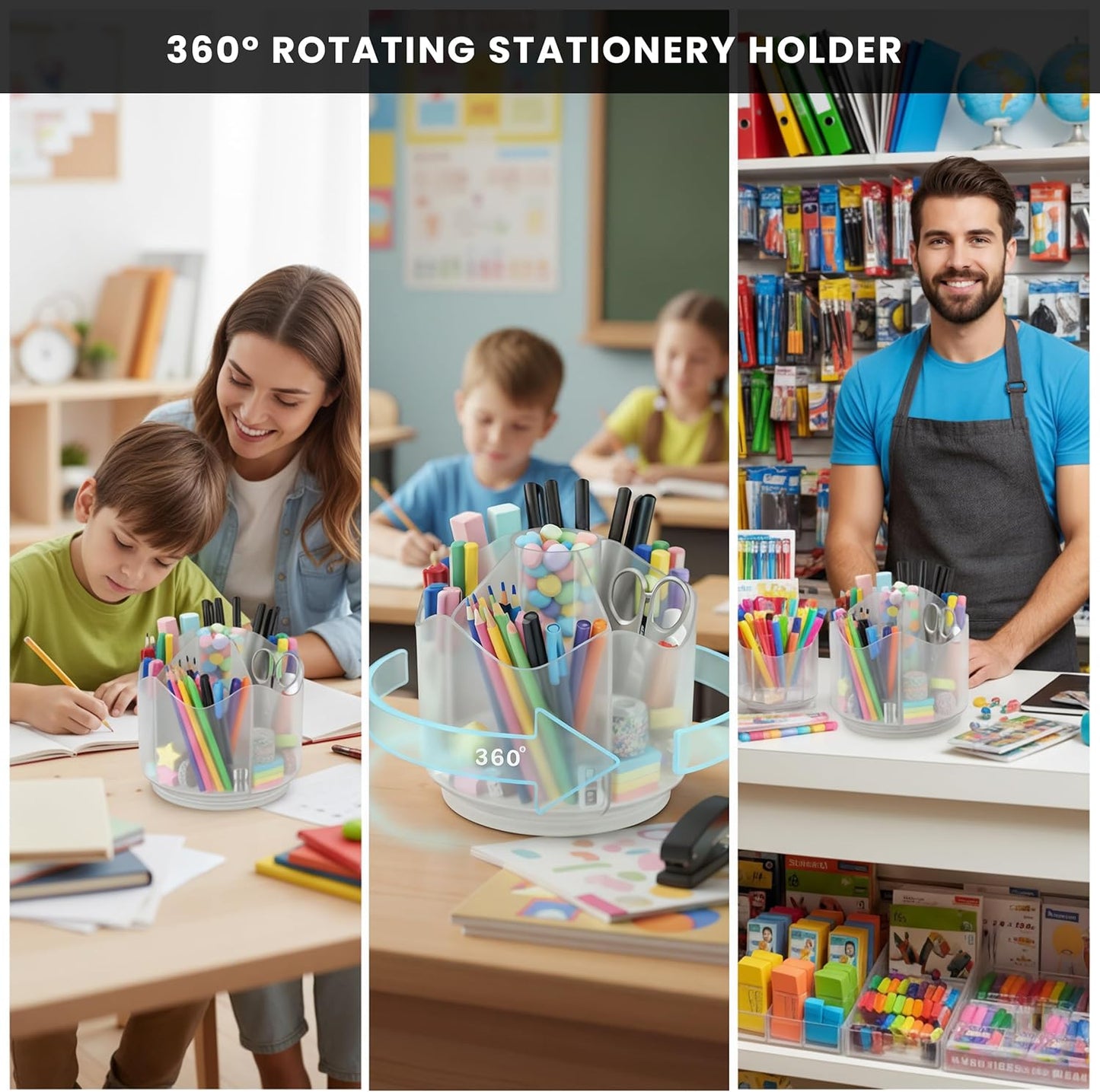Black Pen Holder for Desk | 3 Compartment Organizer Desk for Pen, Pecils, Makeup Brushes, Tooth Brushes | Cute Pencil Cup Desk Organizers and Accessories for Office, Home, Classroom, Teacher Desks