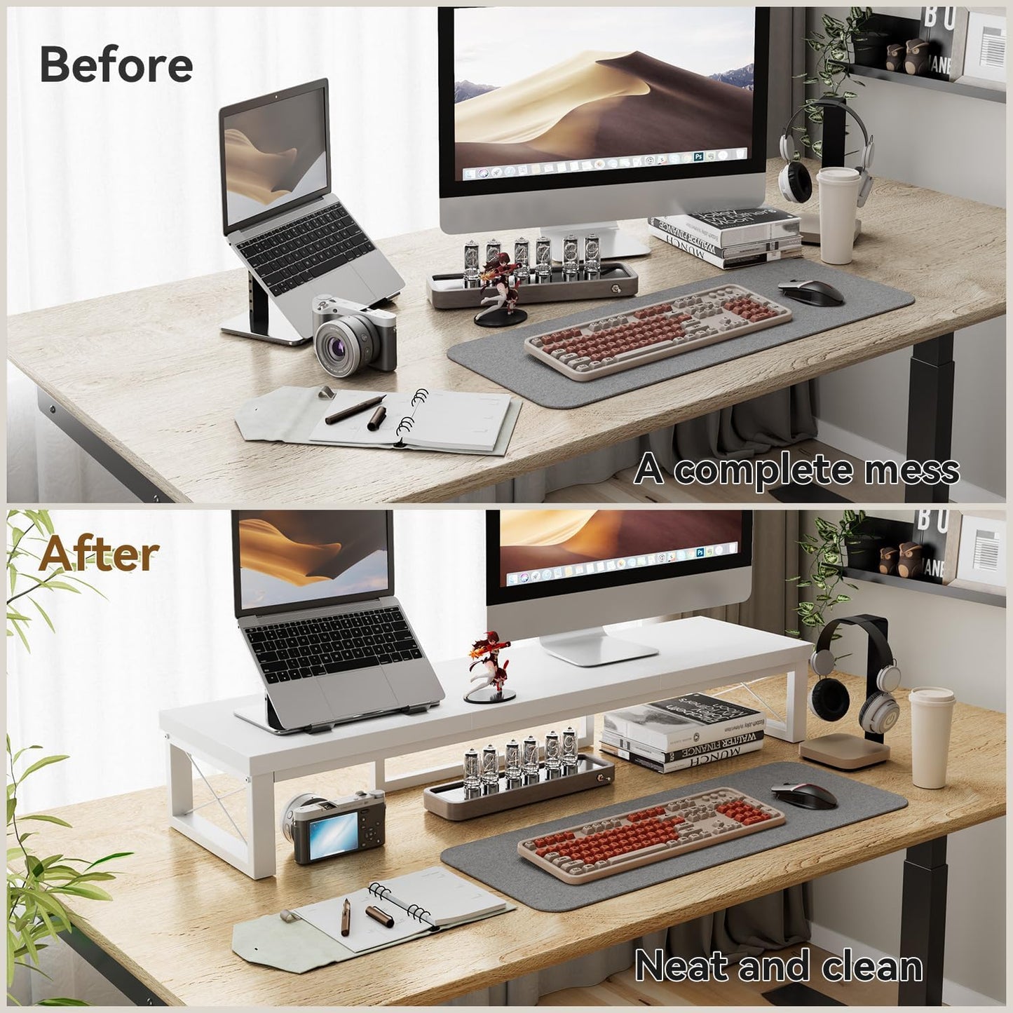 IBUYKE Large Dual Monitor Stand Riser for 2 Monitors, Wooden Desktop Computer Monitor Stand Storage Shelf and Steel Legs,Dual Screen Office Desk,Monitor Riser for Computer, Printer,Laptop,TV,Black UTDJ002B