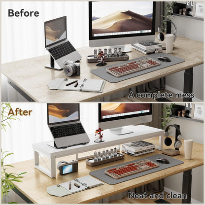 IBUYKE Large Dual Monitor Stand Riser for 2 Monitors, Wooden Desktop Computer Monitor Stand Storage Shelf and Steel Legs,Dual Screen Office Desk,Monitor Riser for Computer, Printer,Laptop,TV,Black UTDJ002B