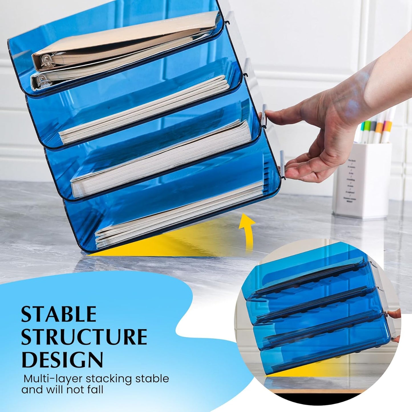 CiWiVOKi 2 Pack Stackable Paper Tray File Organizer for Desk, Office Organizer and Storage for Desk Accessories, Notes, Books, File Paper, Document, Blue