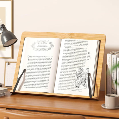 Bamboo Book Stand, Adjustable Reading Holder with Page Clips, Portable Lightweight Desk Stand for Textbooks, Cookbooks (Small)